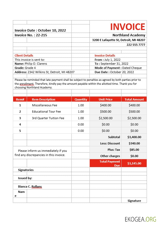Modèle de facture de frais de scolarité 3 template